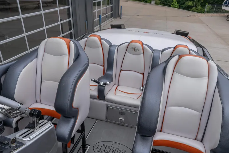 Slide: The Image of 2006 Cigarette 39' Top Gun Unlimited boat interior with sleek, modern seating design. - 17