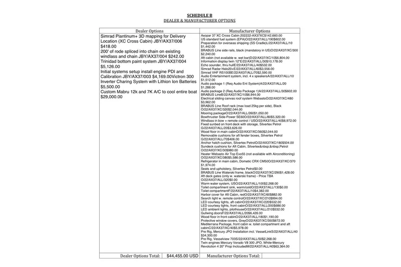 Slide: The Image of Dealer and manufacturer options list for 2022 Axopar Brabus 37 XC Cross Cabin boat. - 39
