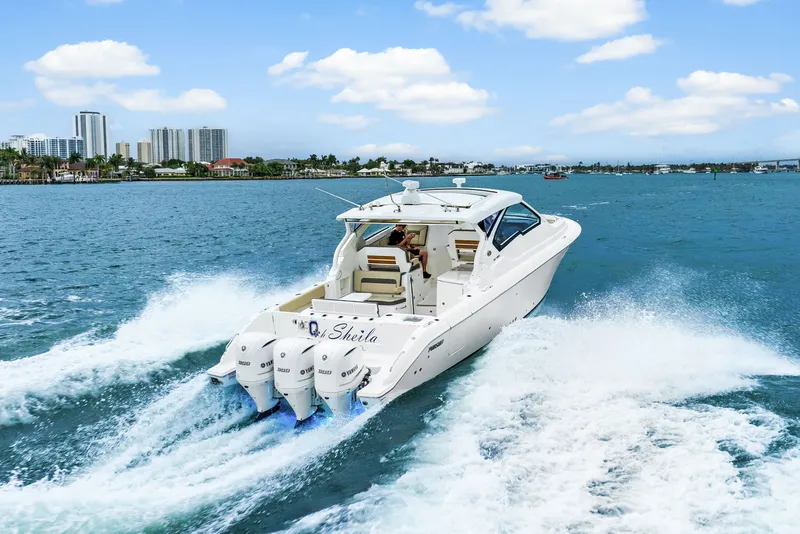 Slide: The Image of Pursuit DC 365 Dual Console 2021 cruising on water near city skyline. - 9