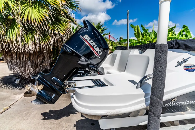 Slide: The Image of A 2020 Hurricane SS185 boat with a Suzuki outboard motor, surrounded by palm trees. - 10