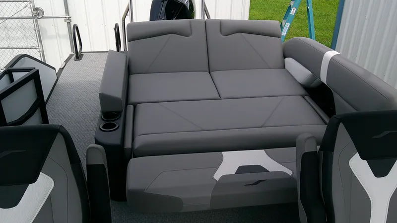 Slide: The Image of Interior of Evotti 525 CS boat, gray upholstery, model year 2026. - 16