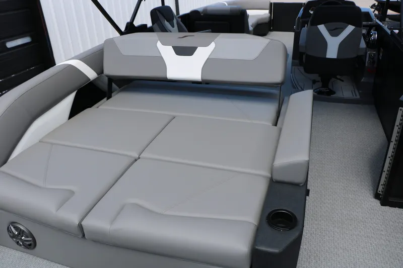 Slide: The Image of Interior of 2026 Evotti 525 CS Tri Toon with gray upholstery. - 48