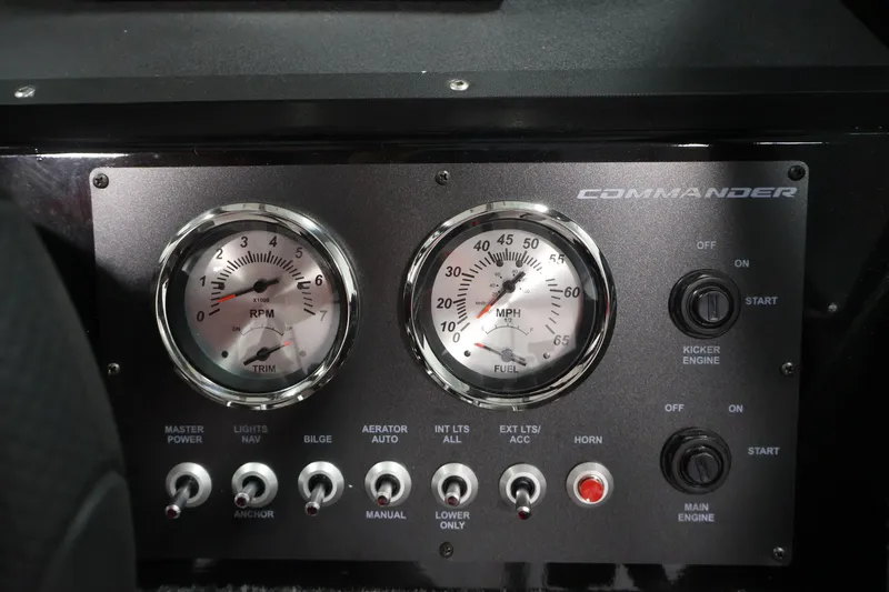 Slide: The Image of Dashboard of 2026 Crestliner 1850 Commander boat with RPM and MPH gauges. - 17