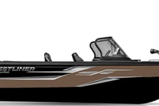 Slide: The Image of 2026 Crestliner 2050 Sportfish boat, sleek black and brown design, side view. - 1