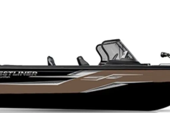Slide: The Image of 2026 Crestliner 2050 Sportfish boat, sleek design, black and brown color scheme. - 46