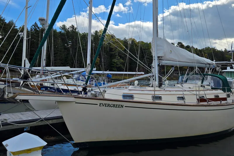 The Image of 1990 Island Packet 38 sailboat named Evergreen docked at a marina. - 0