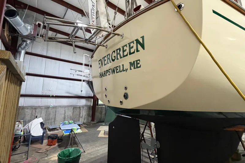 Slide: The Image of Island Packet 38 sailboat "Evergreen" in a workshop, Harpswell, ME, 1990 model. - 36