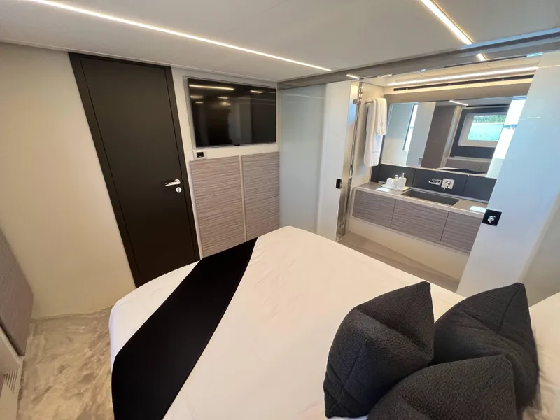Slide: The Image of Luxurious bedroom on a modern yacht with an elegant bathroom and stylish furnishings. - 10