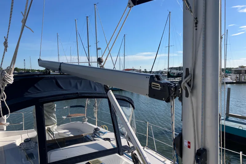 Slide: The Image of Sailboat deck view of a 2005 Hunter 36 at a marina. - 20