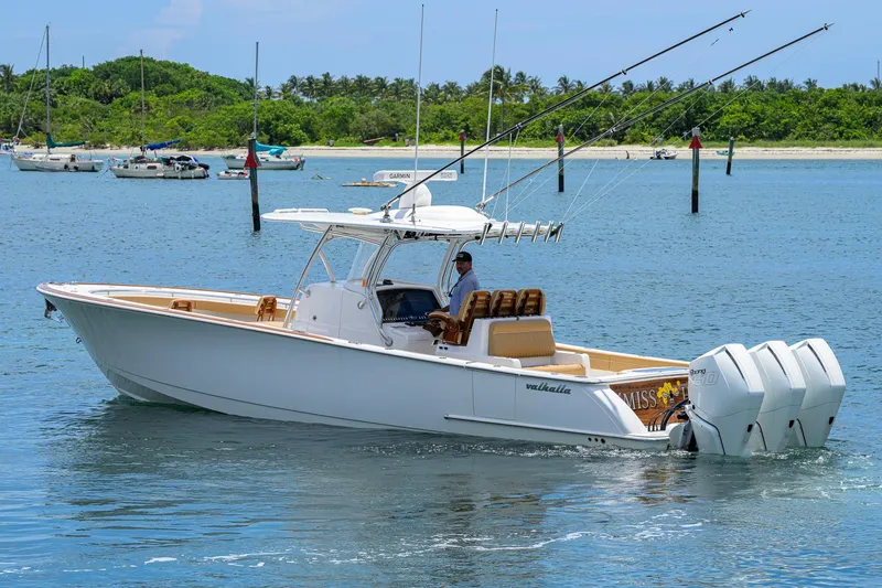 Slide: The Image of 2023 Valhalla Boatworks V-37 cruising on a sunny day with lush greenery in the background. - 6
