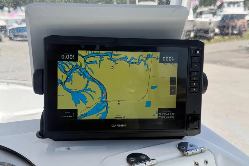 Slide: The Image of Garmin GPS navigation system on a 2012 Glasstream 221 CC boat dashboard. - 17
