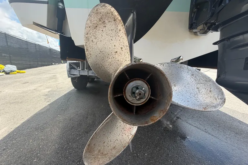 Slide: The Image of Close-up of a 2018 NauticStar 28 XS boat propeller on a trailer. - 7