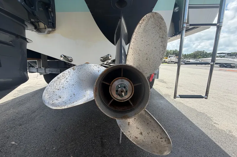 Slide: The Image of Close-up of a 2018 NauticStar 28 XS boat propeller on a trailer. - 6