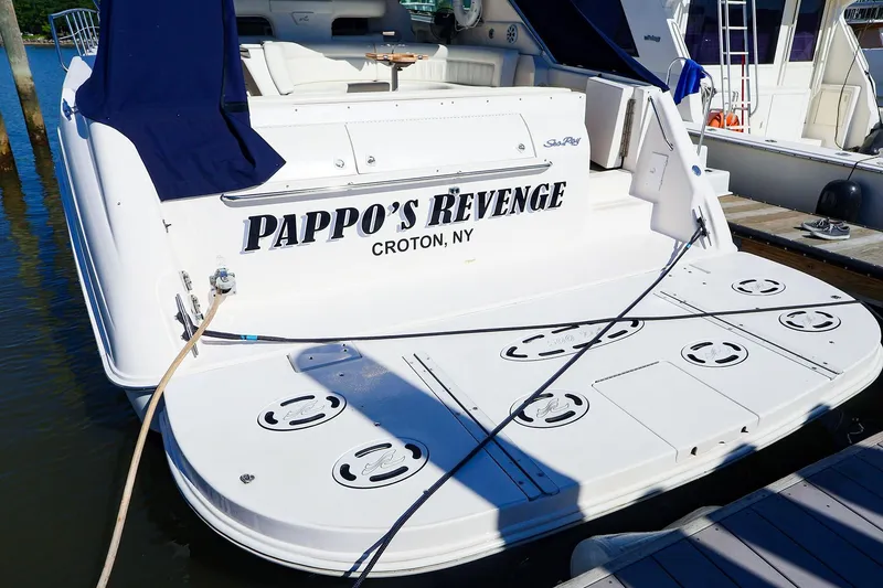 Slide: The Image of 1998 Sea Ray 500 Sundancer yacht named "Pappo's Revenge" docked in Croton, NY. - 2
