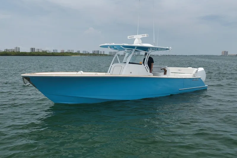 Slide: The Image of 2023 Valhalla Boatworks V-33 in blue, cruising on calm waters near a city skyline. - 7