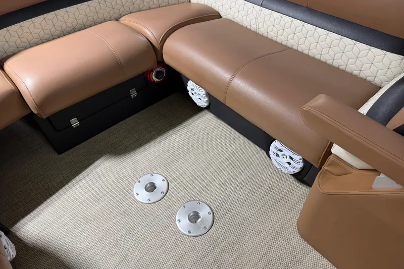 Slide: The Image of Luxurious seating area in a 2018 Godfrey Sanpan 2500 ULC pontoon boat interior. - 15