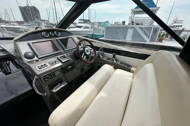 Slide: The Image of Interior cockpit of 2012 Regal 42 Sport Coupe yacht, featuring modern navigation controls. - 18