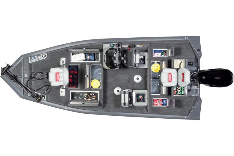 Slide: The Image of Top view of a gray fishing boat with two seats and storage compartments. - 25