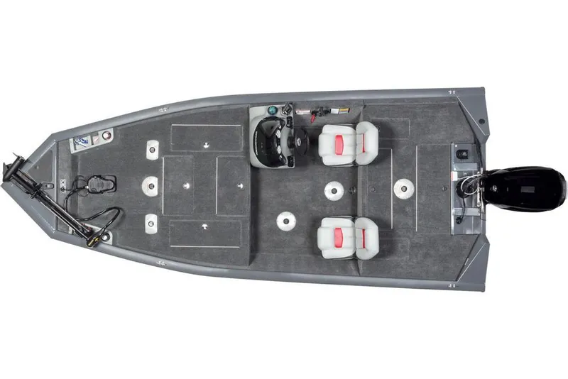 Slide: The Image of Overhead view of a gray fishing boat with two seats and an outboard motor. - 27