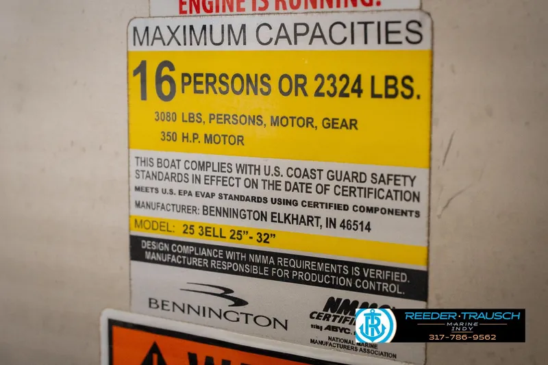 Slide: The Image of 2013 Bennington 2550 RBR capacity label, 16 persons or 2324 lbs, 350 HP motor. - 71