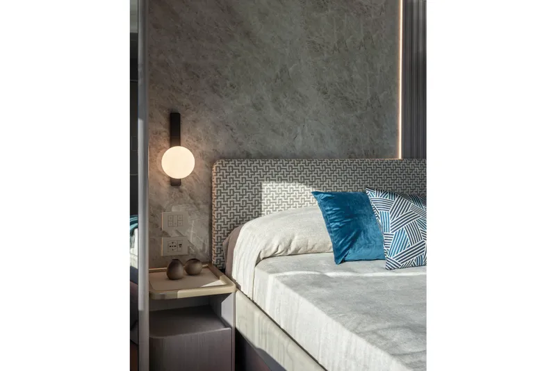 Slide: The Image of Luxurious bedroom interior on Absolute 70 Fly yacht, featuring modern design and elegant lighting, 2027 model. - 38