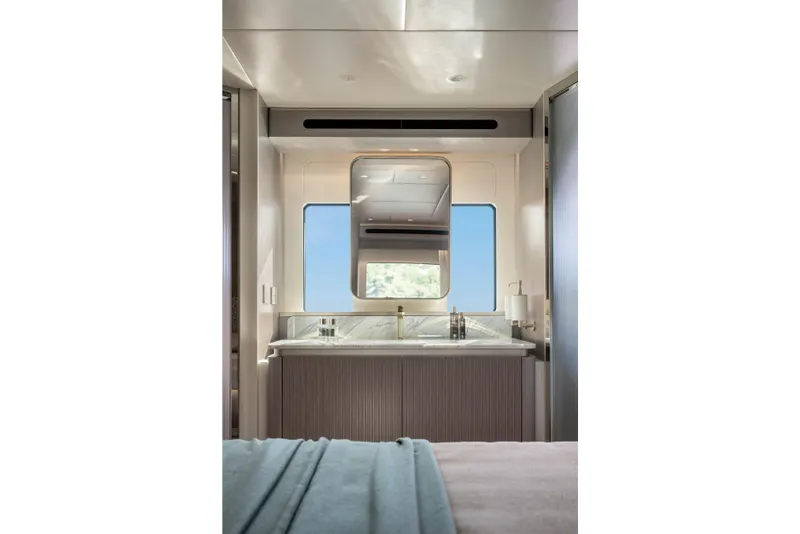 Slide: The Image of Luxurious bathroom interior of 2027 Absolute 70 Fly yacht with modern fixtures and elegant design. - 42