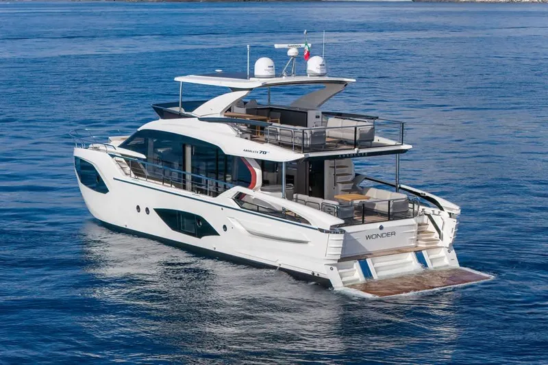 The Image of Luxury yacht on calm water, modern design, spacious deck, sleek interior, clean lines. - 0