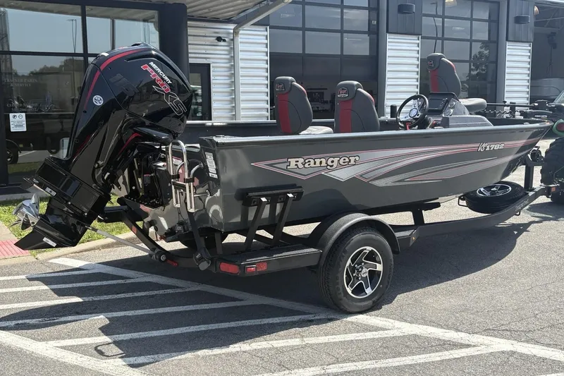 The Image of 2026 Ranger VS1782SC Angler boat on trailer, featuring a powerful Mercury Pro XS engine. - 0
