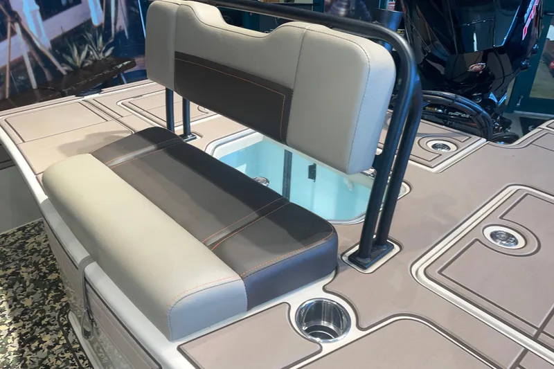 Slide: The Image of 2026 Mako 18 Pro Skiff Backwater Edition boat seating and deck detail. - 7