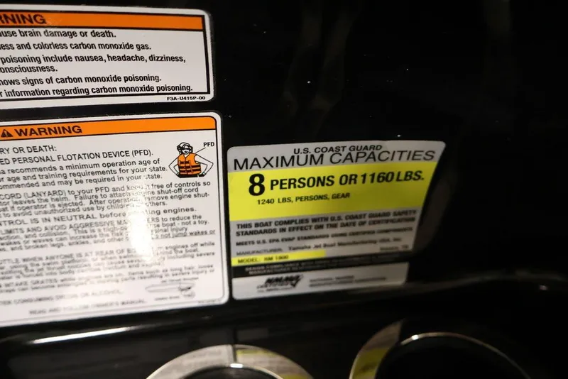 Slide: The Image of 2016 Yamaha Boats SX192 capacity warning label for 8 persons or 1160 lbs. - 21