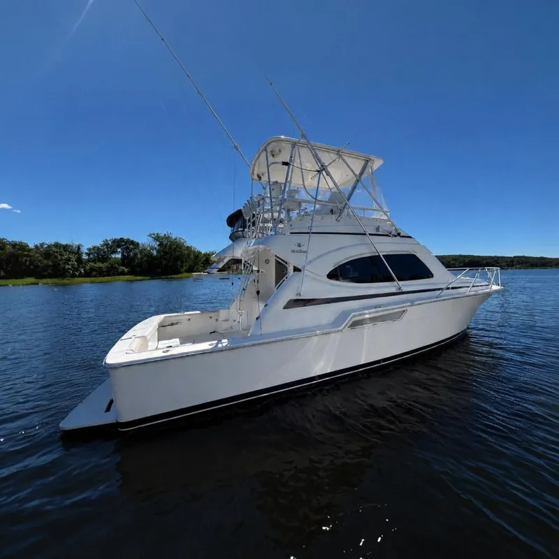 The Image of 2002 Bertram 390 Convertible yacht on calm water under clear blue sky. - 0