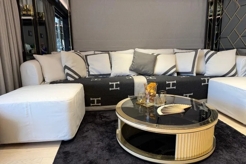 Slide: The Image of Luxurious 2024 Sirena 88 yacht interior with elegant seating and stylish decor. - 137