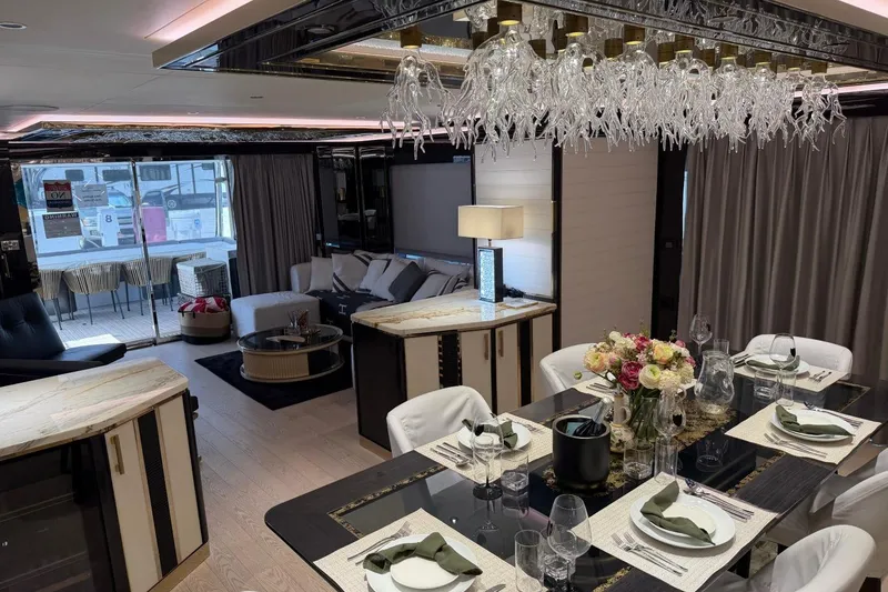 Slide: The Image of Luxurious interior of 2024 Sirena 88 yacht with elegant dining area and modern decor. - 101