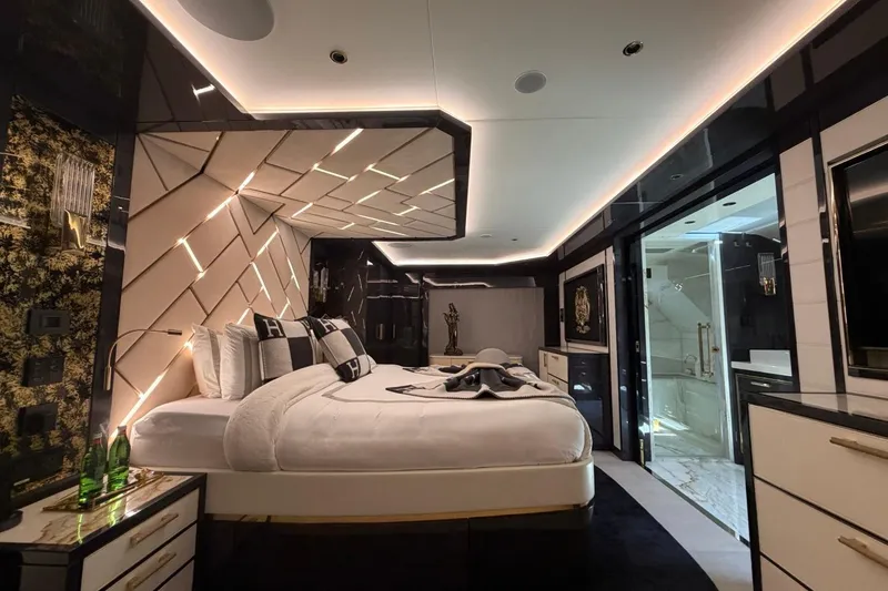 Slide: The Image of Luxurious 2024 Sirena 88 yacht bedroom with modern design and elegant lighting. - 134
