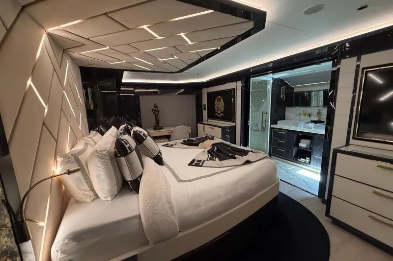 Slide: The Image of Luxurious 2024 Sirena 88 yacht bedroom with modern design and elegant furnishings. - 132