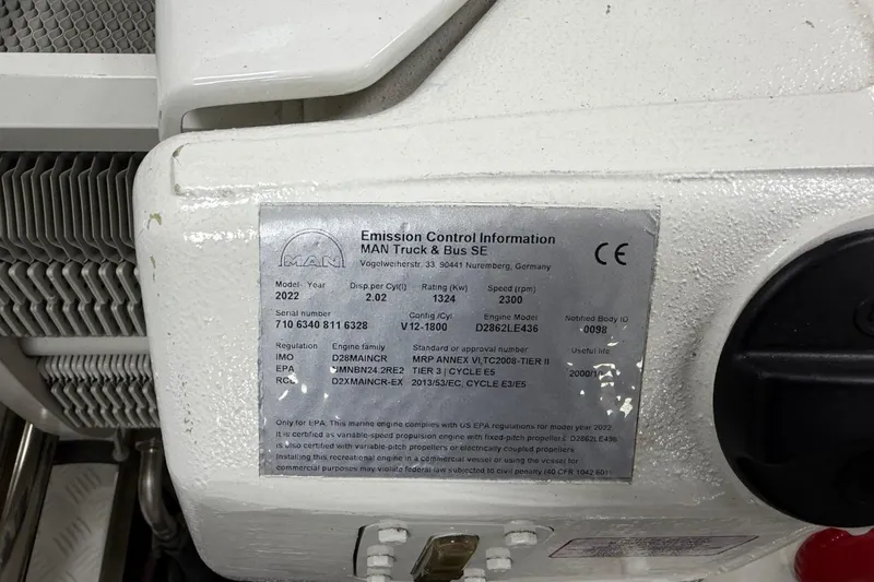 Slide: The Image of Emission control information label on a 2024 Sirena 88 engine component. - 149