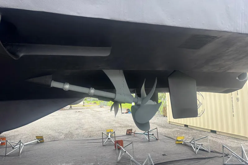 Slide: The Image of Underwater view of a 2001 Hargrave 94 yacht's propeller and rudder system. - 110