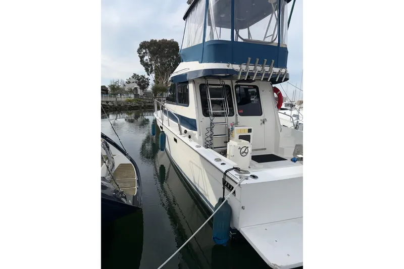 Slide: The Image of 1990 Mediterranean Sport Fish boat docked in a marina, featuring a blue canopy. - 3