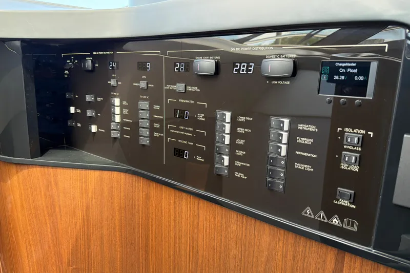 Slide: The Image of Control panel of a 2027 Princess F50 yacht, featuring various switches and digital displays. - 95