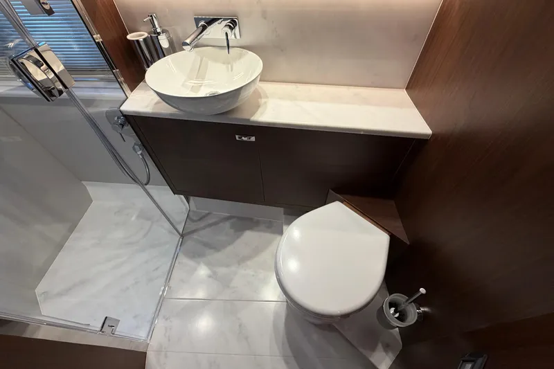 Slide: The Image of Luxurious bathroom in 2027 Princess F50 yacht with modern fixtures and elegant design. - 104