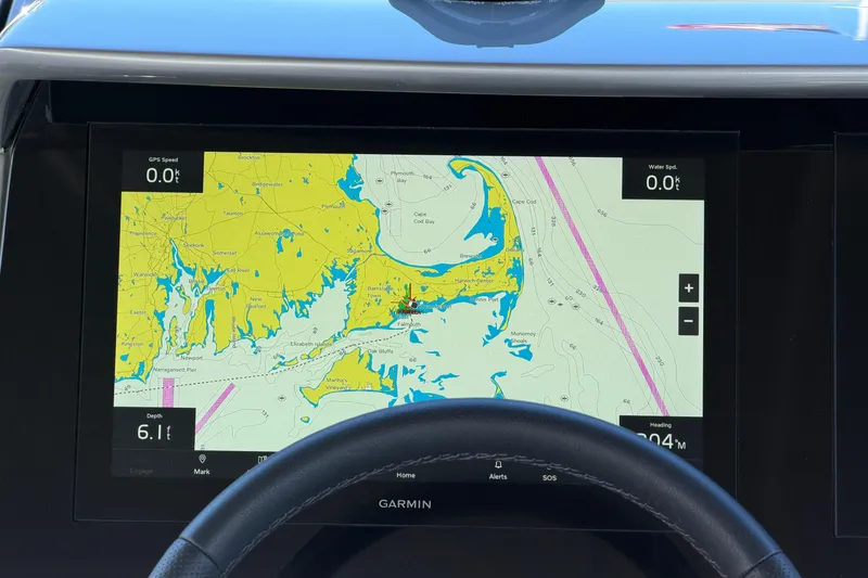 Slide: The Image of Garmin navigation display on 2027 Princess F50 yacht, showing nautical map and speed data. - 57