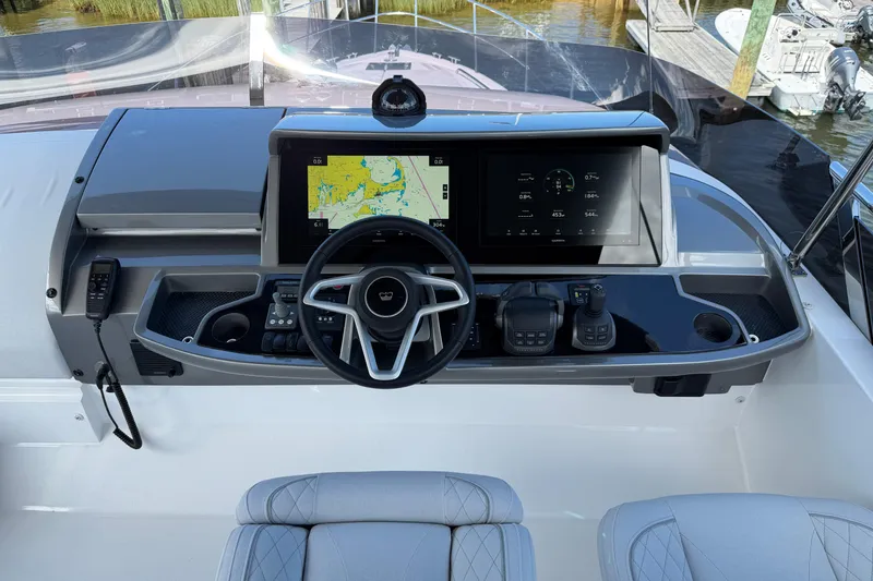 Slide: The Image of Modern helm of 2027 Princess F50 yacht with advanced navigation system and controls. - 56
