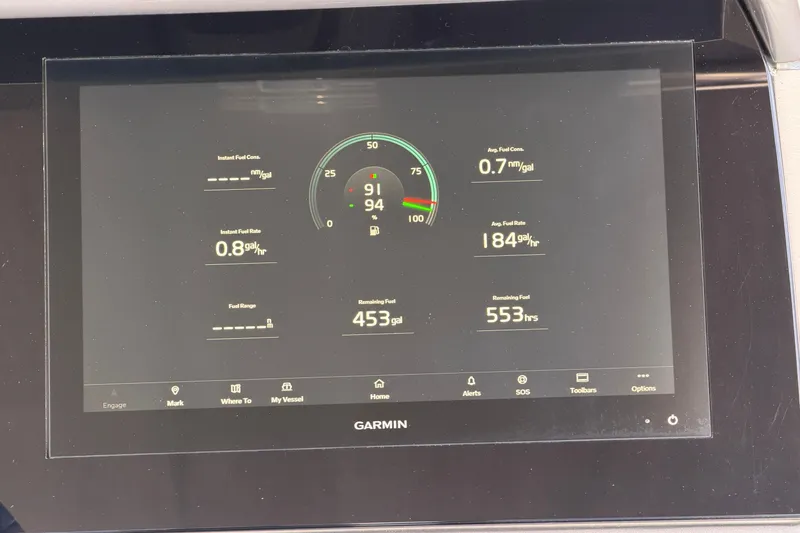 Slide: The Image of Garmin display showing fuel consumption and range data for 2027 Princess F50 yacht. - 58