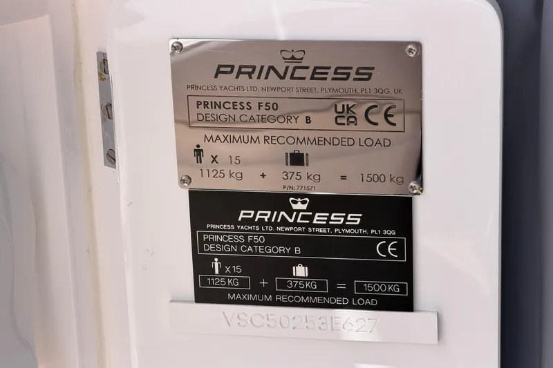 Slide: The Image of Princess F50 yacht load capacity plate, 2027 model, design category B, 1500 kg max load. - 68