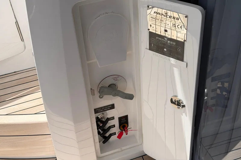 Slide: The Image of Control panel of a 2027 Princess F50 yacht with fuel valve and specifications. - 67