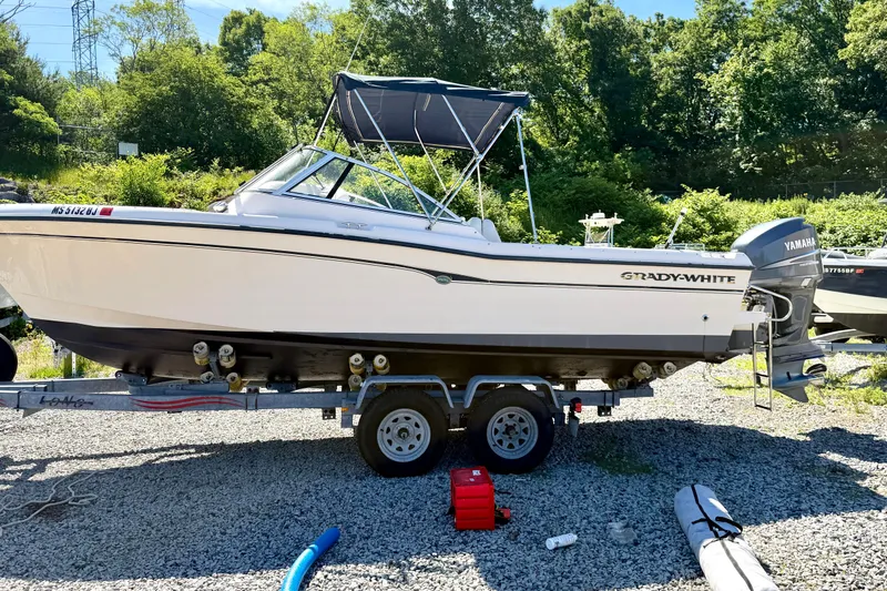 The Image of 2005 Grady-White Freedom 225 boat on trailer, surrounded by greenery. - 0
