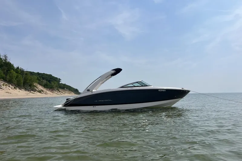 Slide: The Image of 2019 Regal LS6 boat anchored near a sandy beach under a clear sky. - 19
