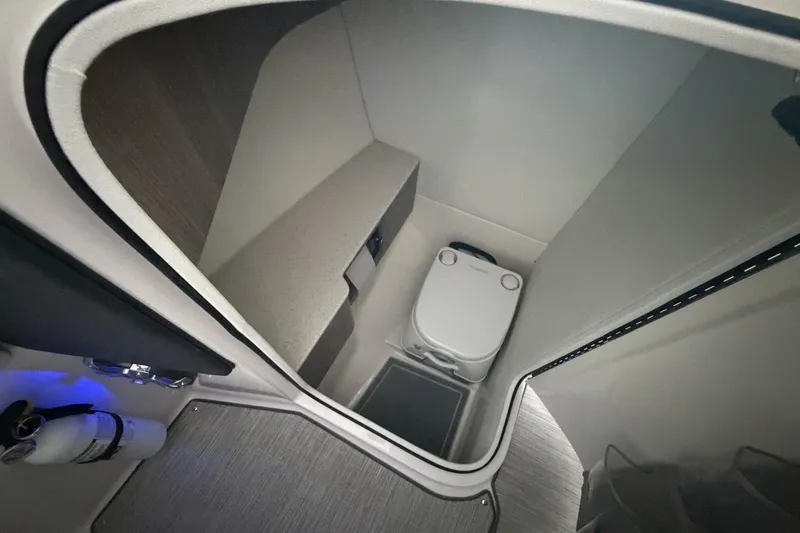 Slide: The Image of Interior of 2019 Regal LS6 boat bathroom with compact toilet and modern design. - 15