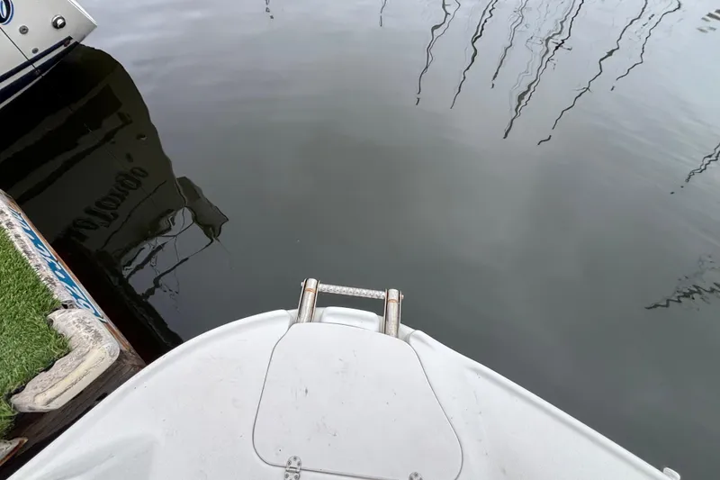 Slide: The Image of Bow of a 2004 Larson 310 boat docked on calm water. - 34