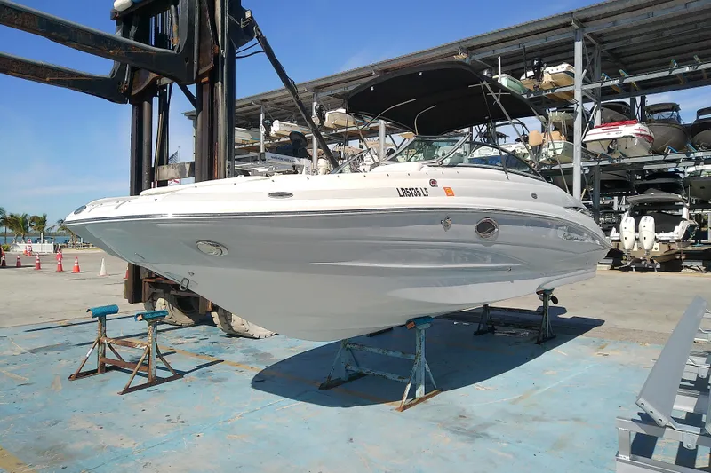 Slide: The Image of 2017 Crownline Eclipse E6 XS boat on dry dock, ready for maintenance. - 3